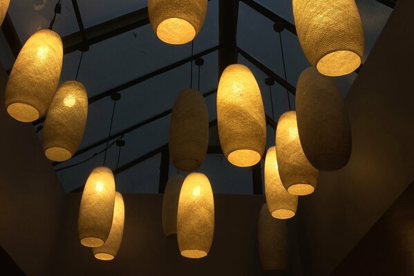 The interior of the restaurant. Modern lamp design