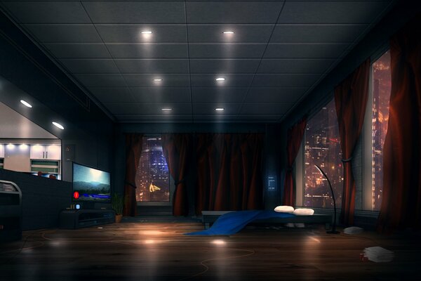 Комната в апартаментах научно фантастическая в тёмных тонах
