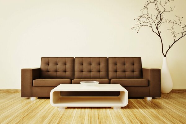 Minimalism in the interior with a brown sofa