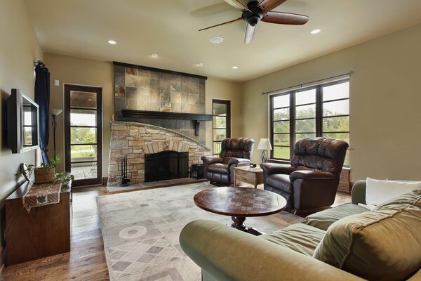 Stylish design of a spacious living room