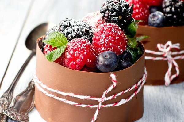 Dessert aus Früchten. Himbeeren und Brombeeren