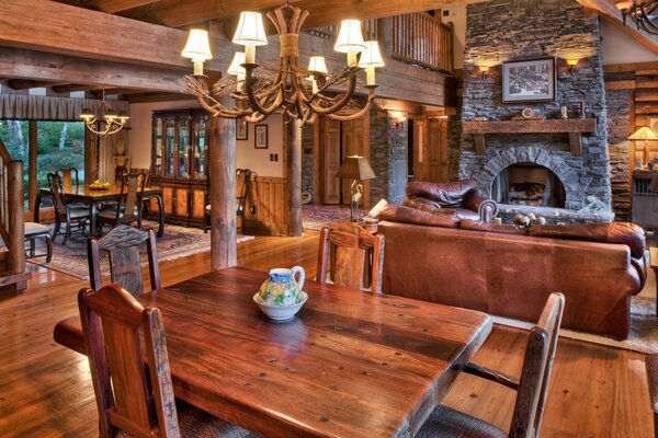 Fireplace interior in a wooden house