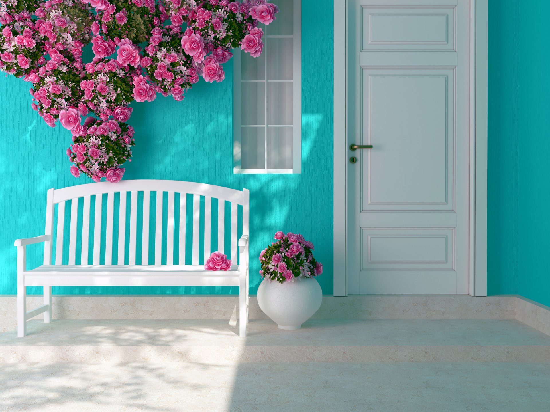 intérieur fleurs roses banc fenêtre porte