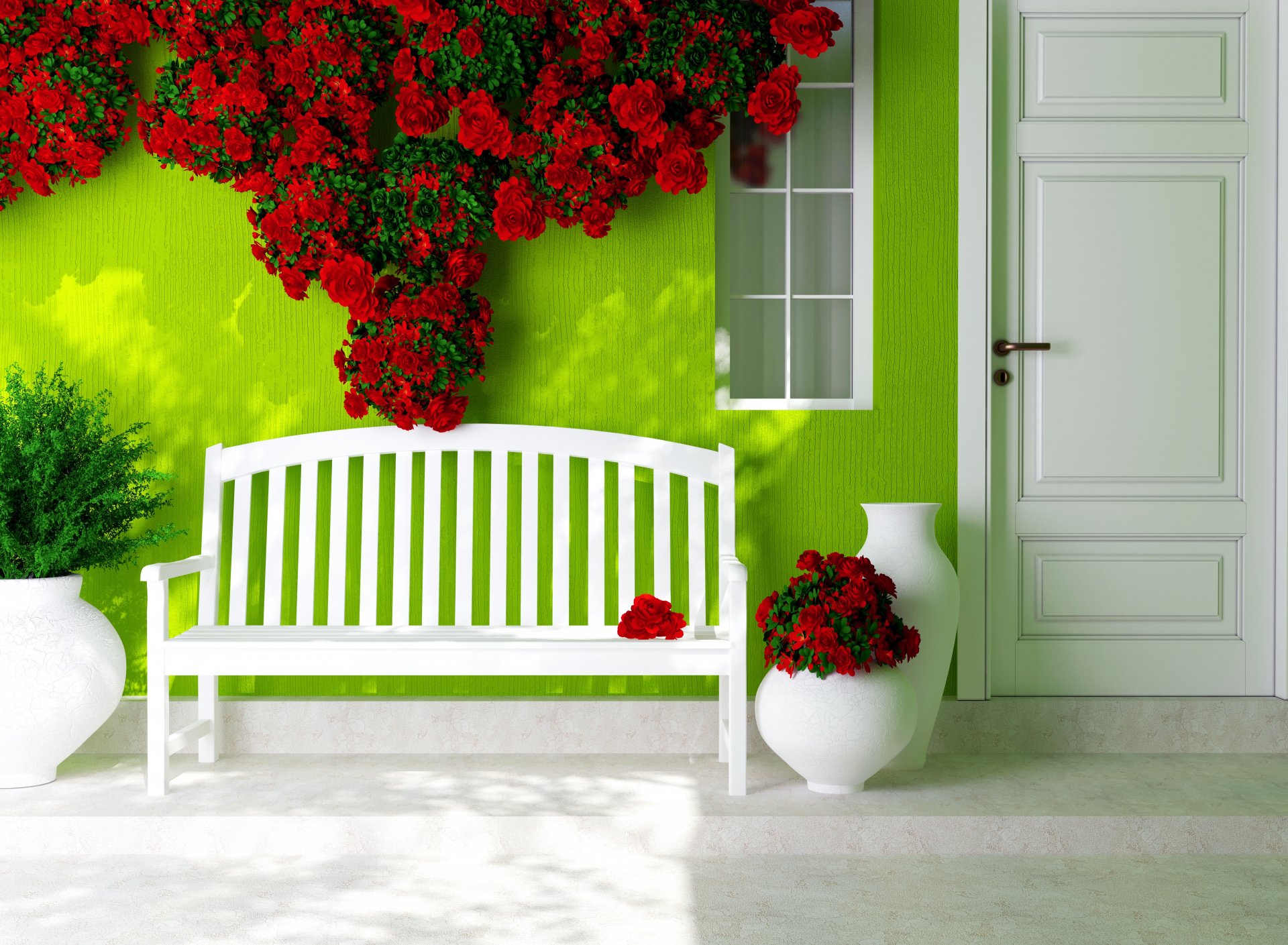 porte fenêtre banc fleurs roses rouges vases