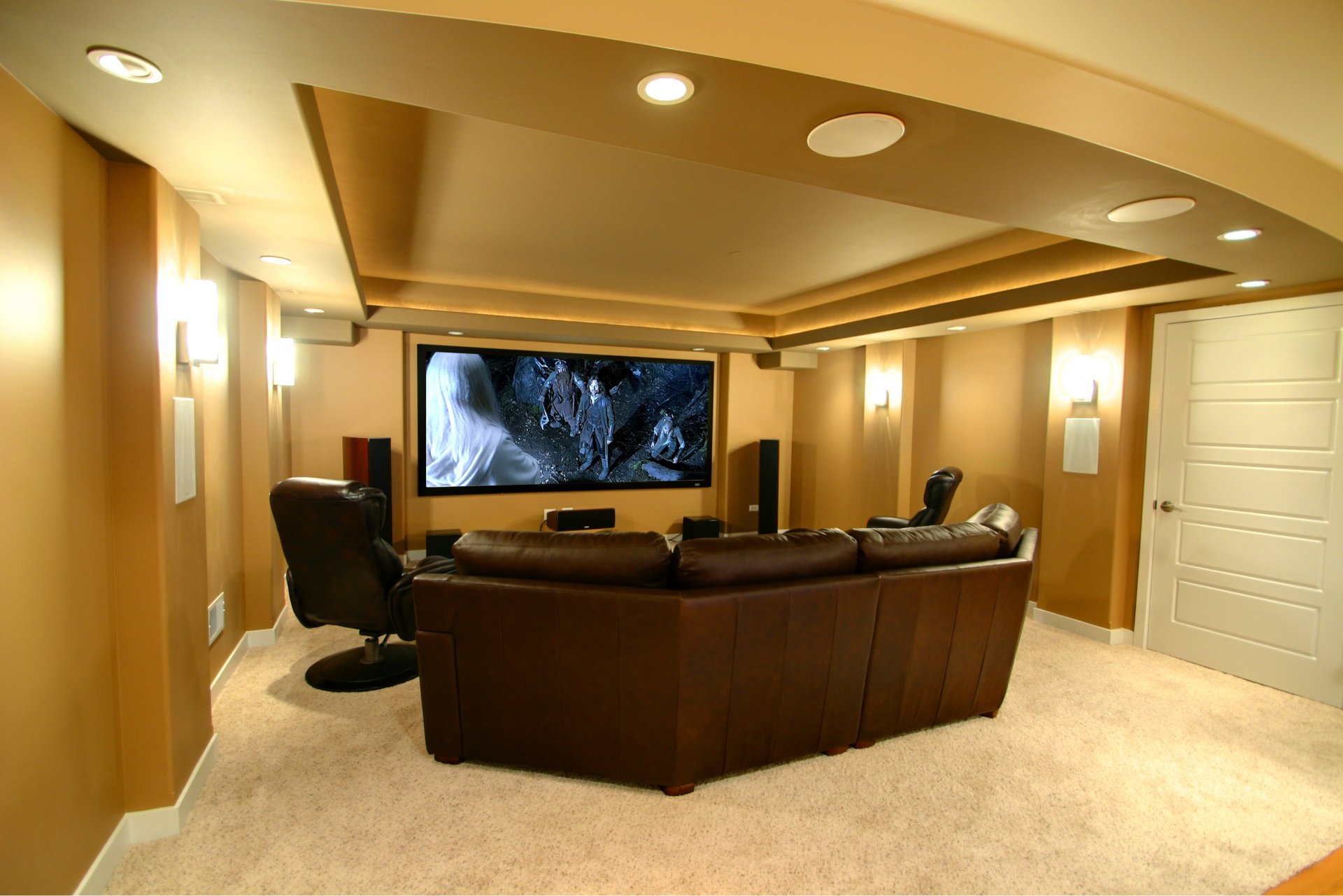 interior home theater sofa home cinema TV armchairs speakers