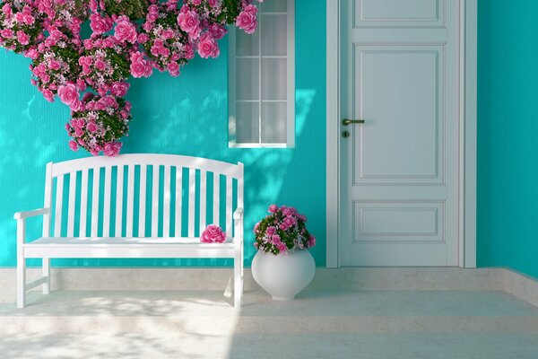 Blanc et rose sur fond de mur turquoise