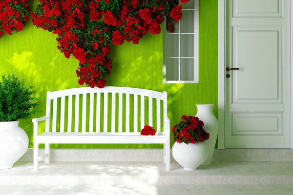 Banc au mur vert décoré de fleurs