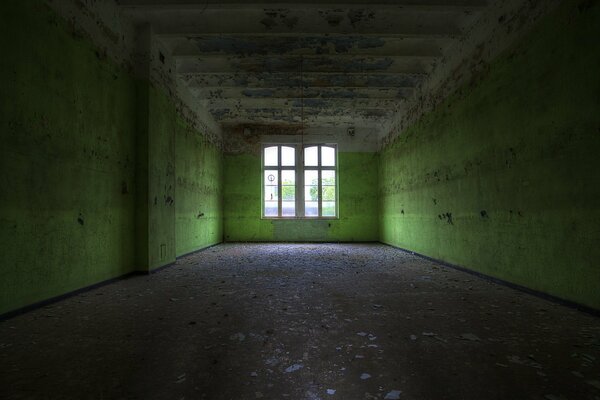 Une pièce aux murs verts et sombres