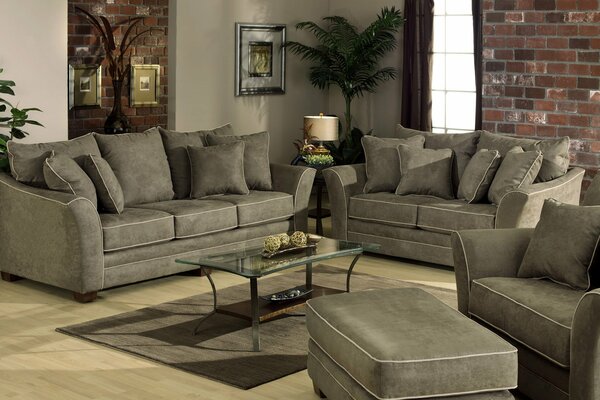 Living room with gray upholstered sofas