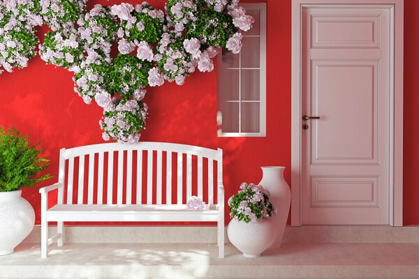 Red background. White bench in flowers