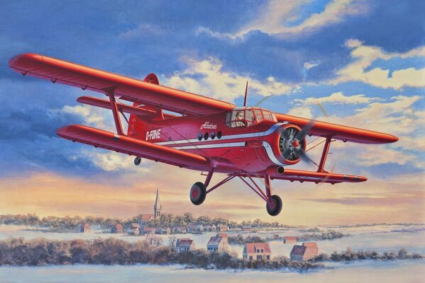 A bright drawing of a red transport biplane