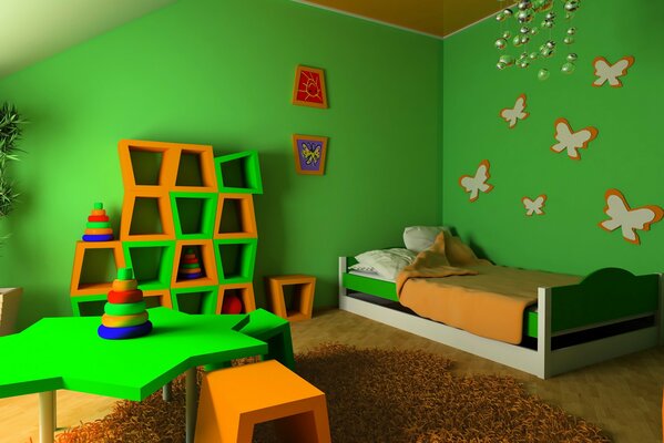 Letto per bambini con sfondo verde