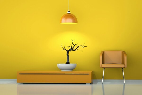 Дерево и мебель на жёлтом фоне