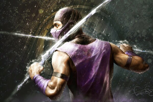 Персонаж из игры mortal kombat стоит с мечем а вокруг молнии, дождь