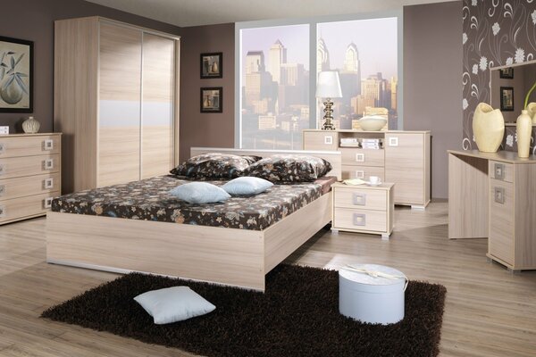 A house in the city, in the metropolis itself. Bedroom room with stylish interior design