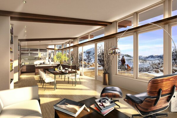 Stylish interior in a villa with a beautiful view