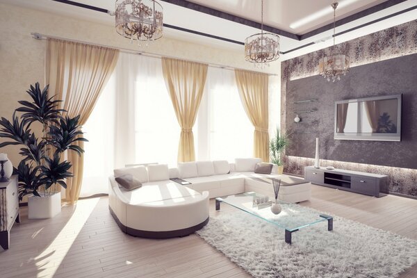 Elegante habitación interior con un gran Sofá y ventanas