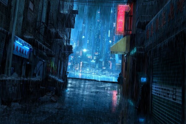 The alley of the mysterious city at night