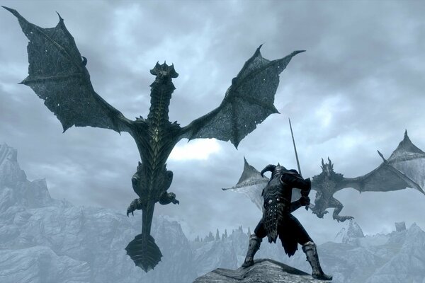 Dragons from skyrim fight with a warrior in a helmet on a rock