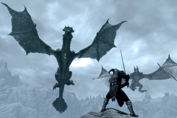 Драконы из skyrim сражаются с воином в шлеме на скале