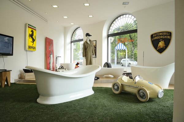 Design of an extravagant bathroom with signs and machines