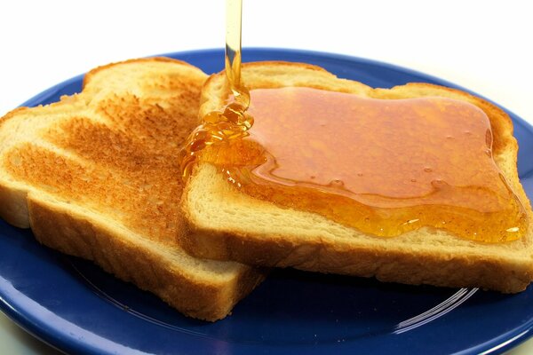 Two toasts with honey on a plate