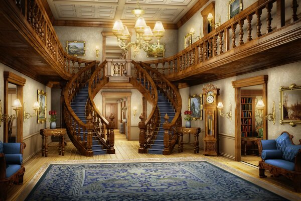 Art avec intérieur hall avec escalier en colimaçon et bibliothèques