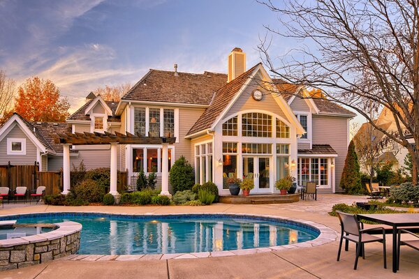 Landscaping pool in front of the house