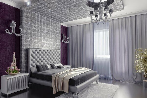 Bedroom in gray tones with white carpet