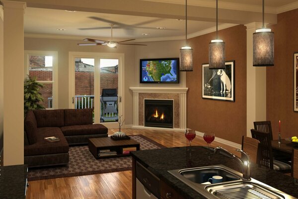 Interior de la casa con chimenea y muebles en tonos marrones