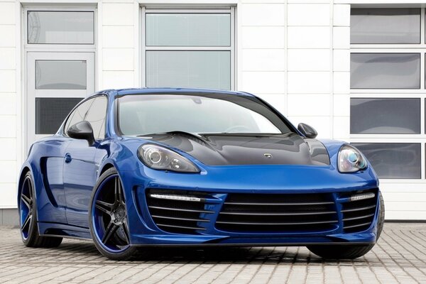 Blue Porsche Panamera on the street