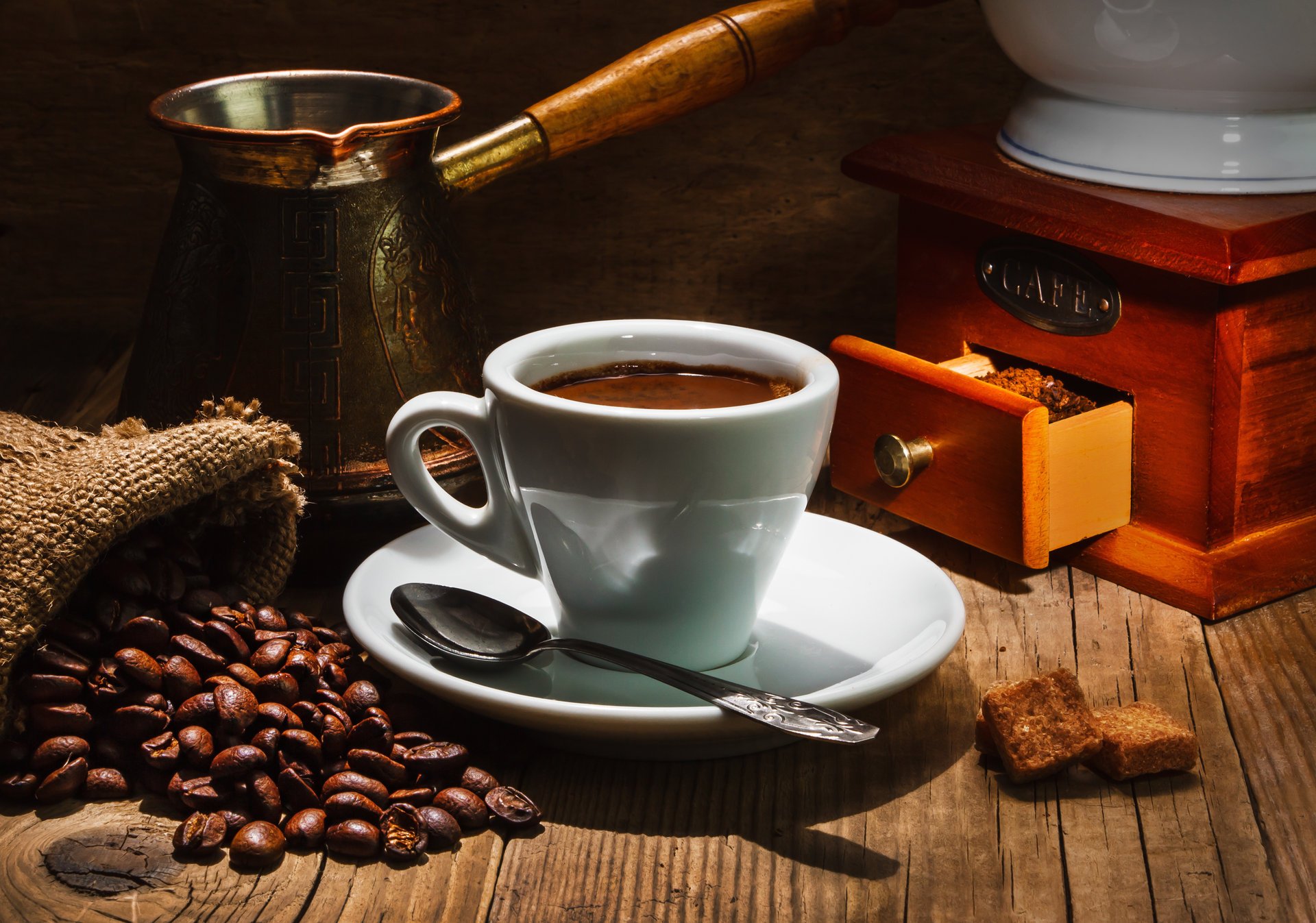 caffè piattino tazza sacchetto turco grano cucchiaio