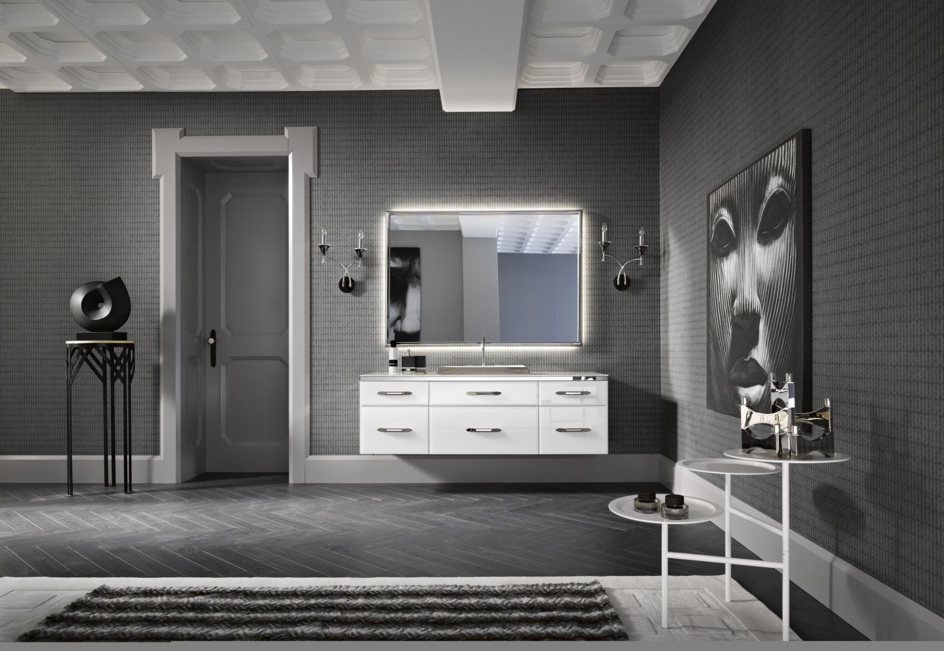 interior diseño art deco cuarto de baño negro blanco gris