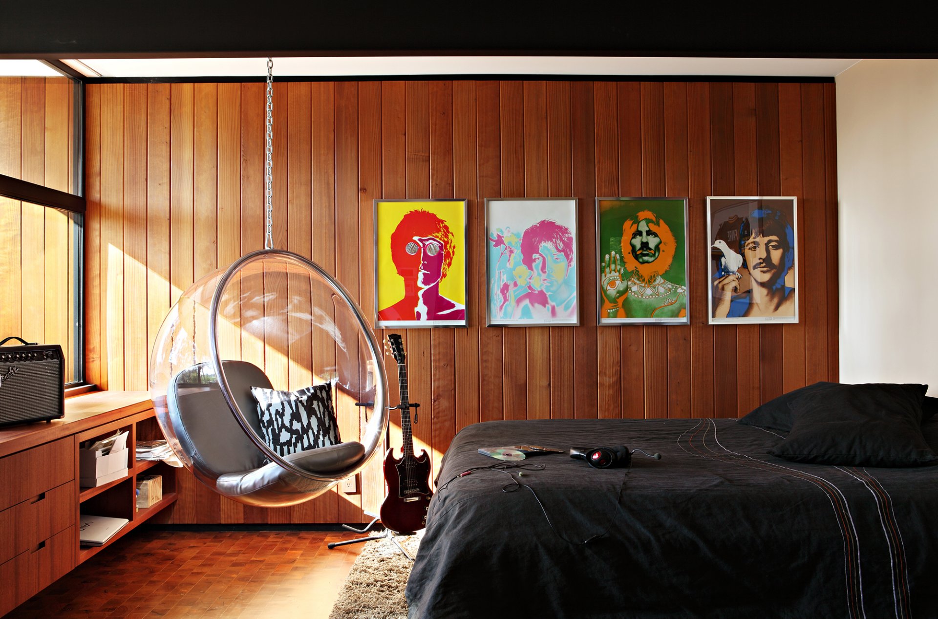 interior bedroom bed chair guitars photo beatle