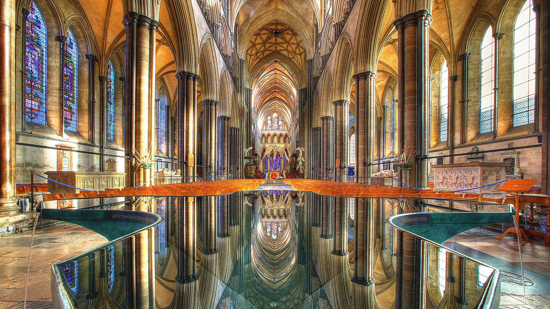 temple cathedral church column stained glass reflection