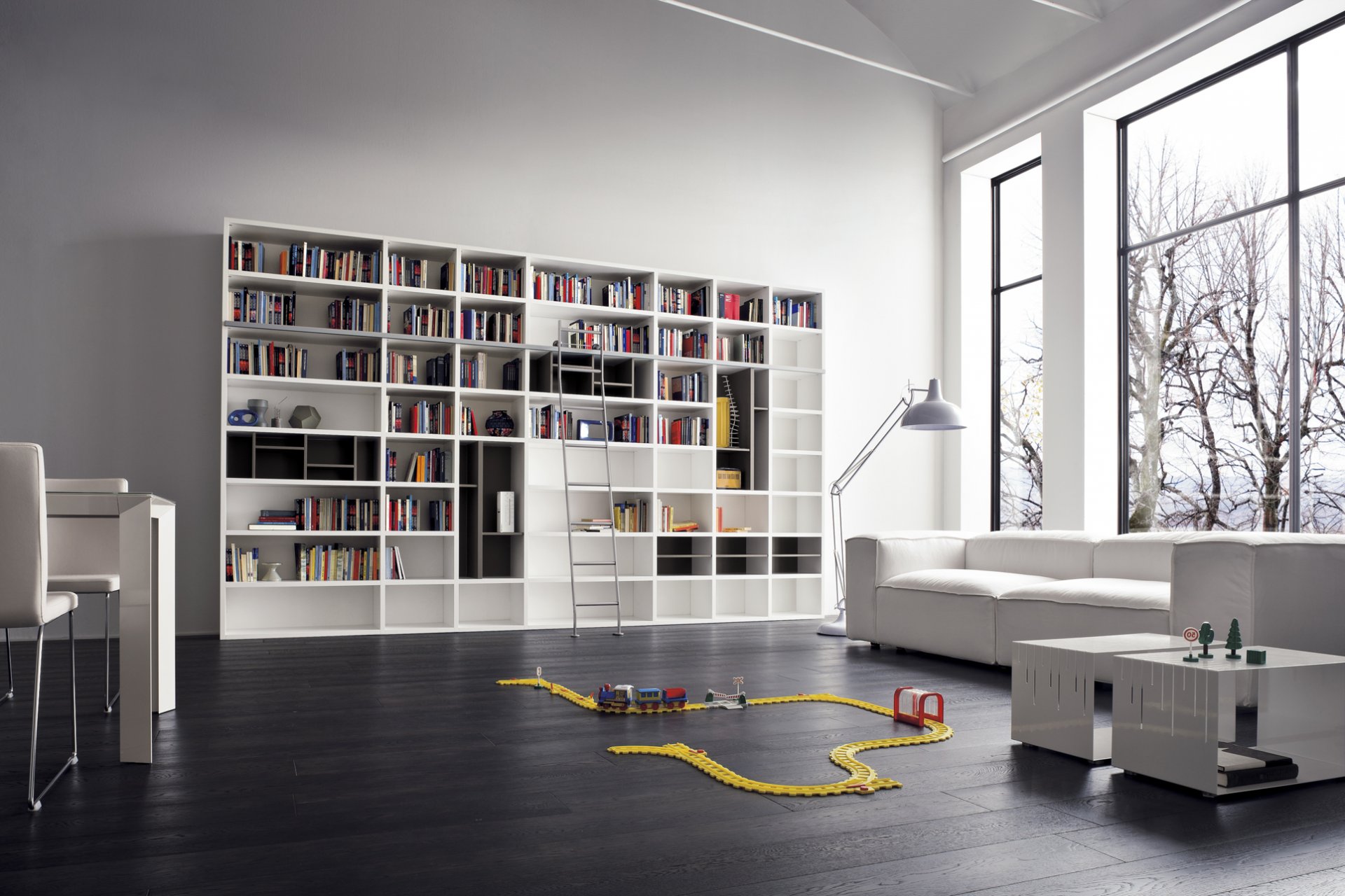 interior design modern sofa library shelving white modern