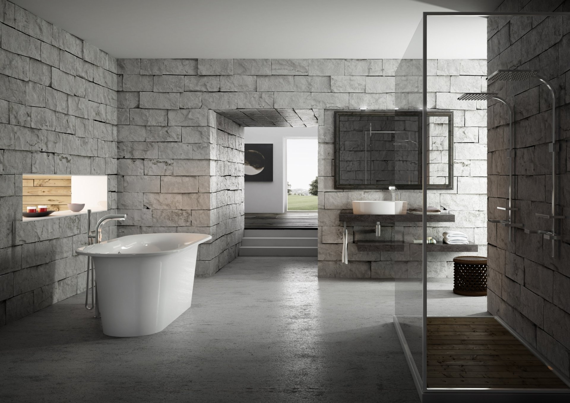 interieur badezimmer badewanne ziegel design grau