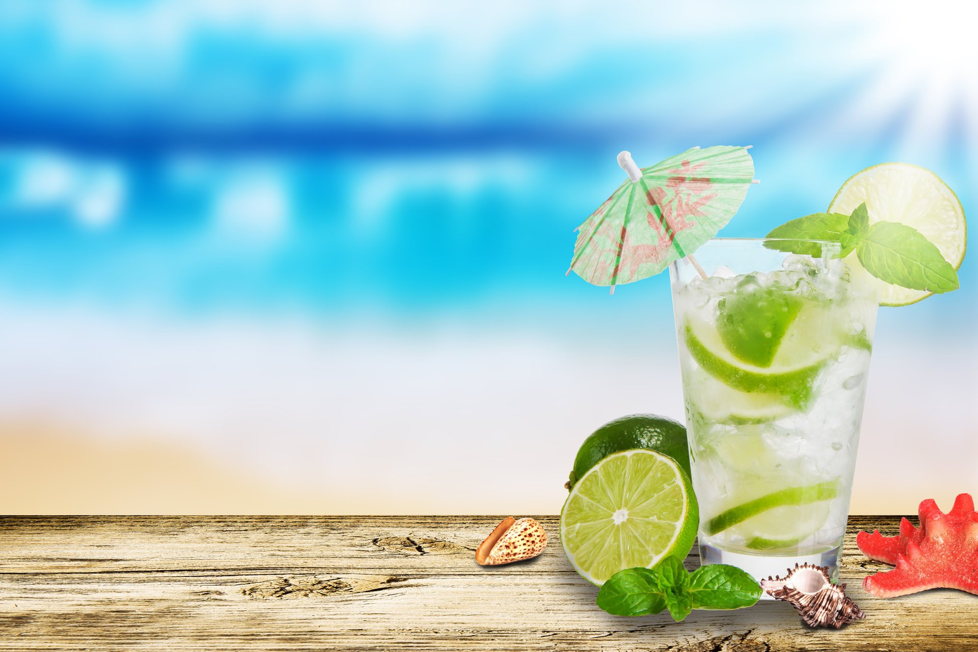 mojito muscheln kalk regenschirm glas seestern