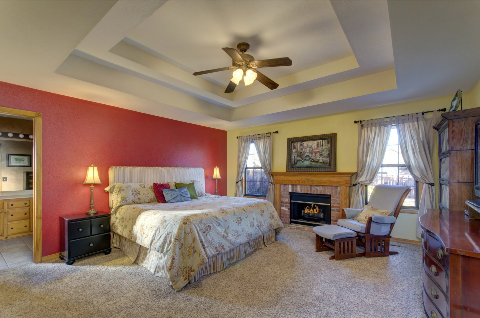 interior bed fireplace room bedroom ceiling design