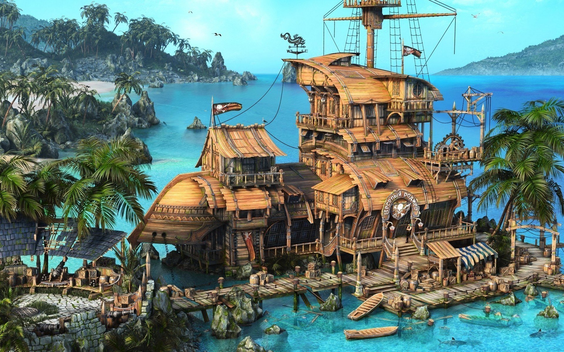 the caribbean пиратская таверна rendering boats pirates ship sea