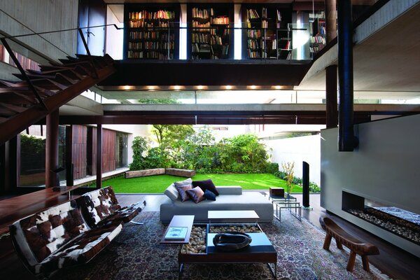 Books on the shelf in the house on the top