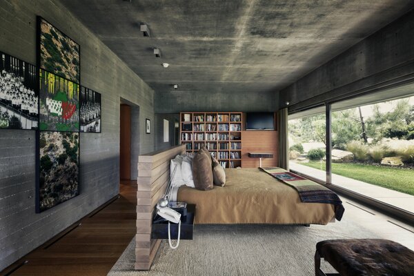 Modern bedroom interior with jungle view