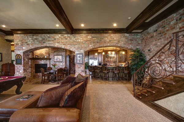 Interesting interior of the living room with kitchen