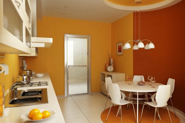 The interior of a modern kitchen in orange