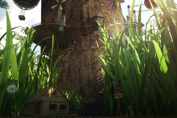 Grass giant tree settlement houses