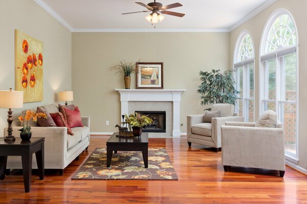 Living room with panoramic windows and minimal furniture