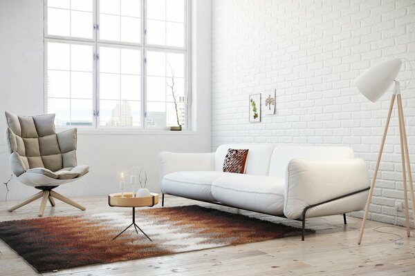 Sala de estar en blanco, estilo minimalista