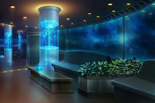 Futuristic reception in blue-green shades