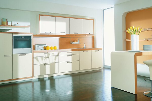 Modern kitchen interior in orange colors