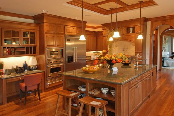 Large kitchen with beautiful interiors in one style